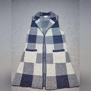 Monteau Women Sleeveless Open Front Long Cardigan Blue Plaid Medium